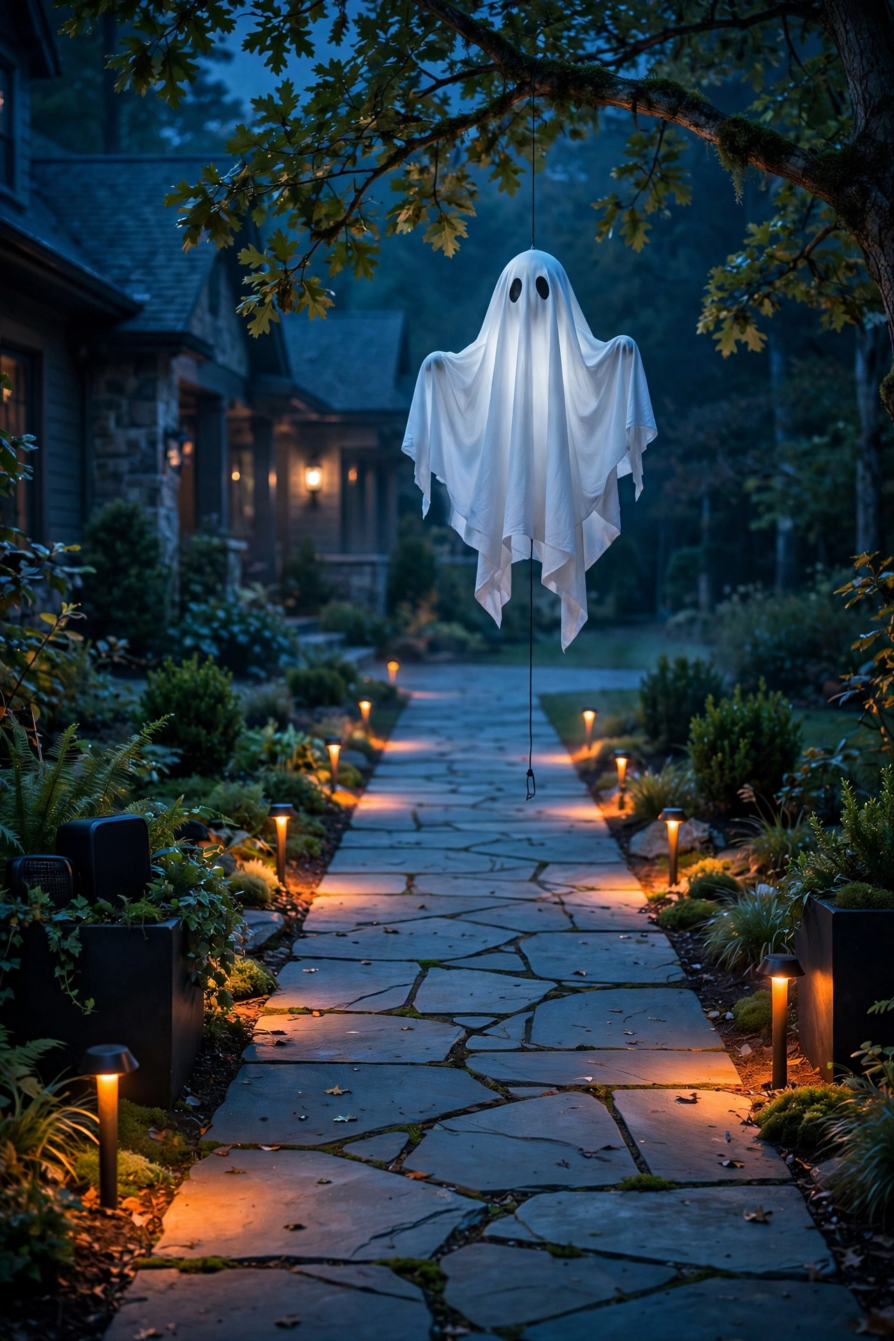 Motion-activated ghost prop hanging over a walkway
