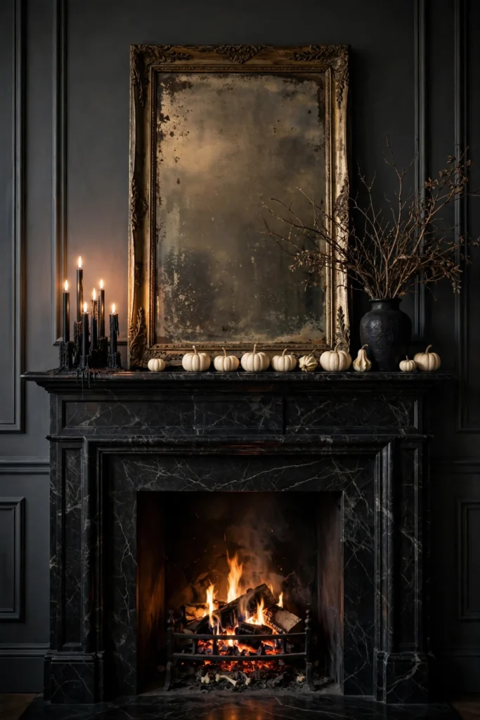 Mantel with aged mirror, black tapers, and dried branches styled for Halloween