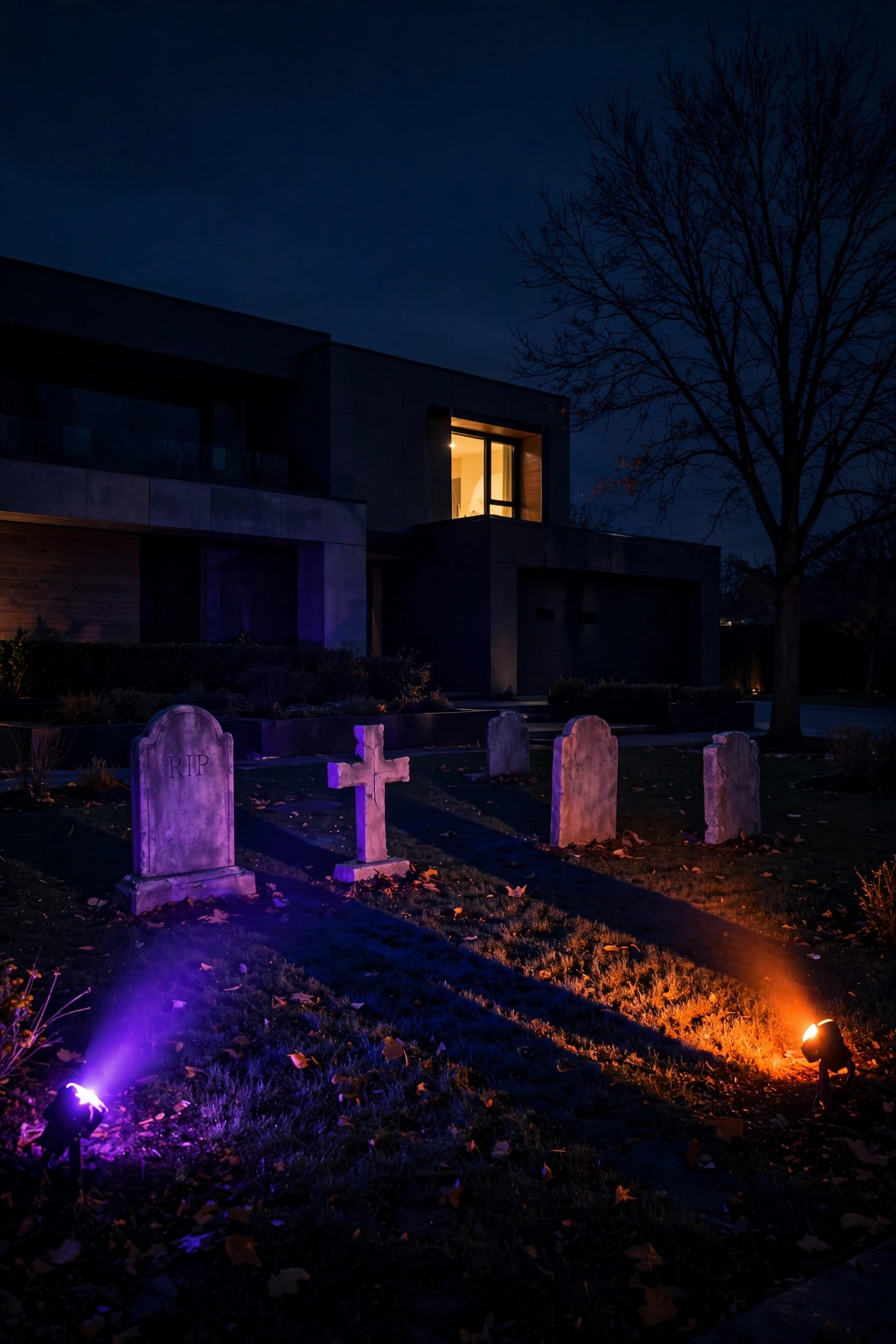 Purple and orange ground-level spotlights casting long shadows from foam tombstones at night