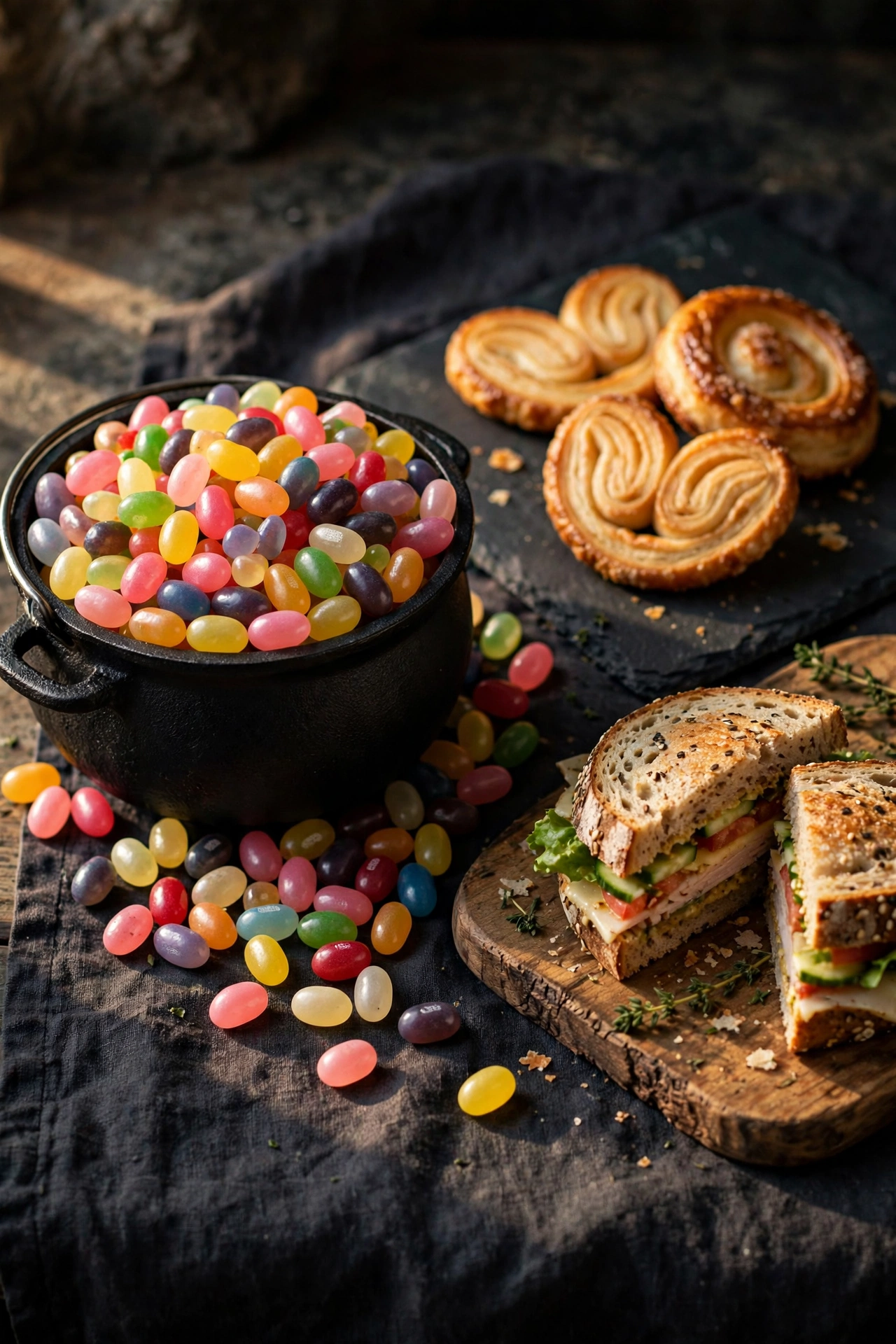 Black mini cauldron of jelly beans next to slate and wood serving boards