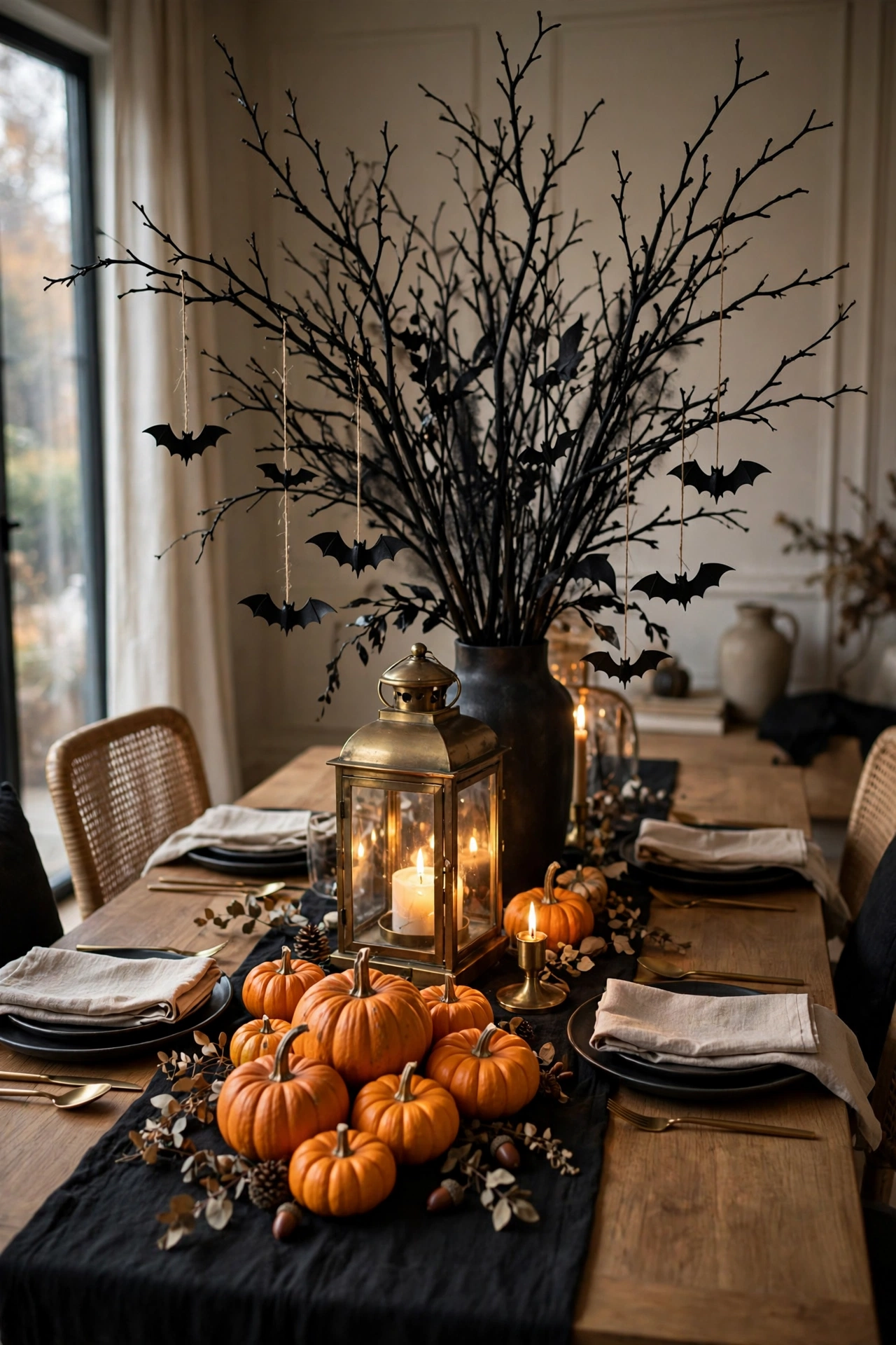 Dining table centerpiece with branches, a lantern, and mini pumpkins at three heights