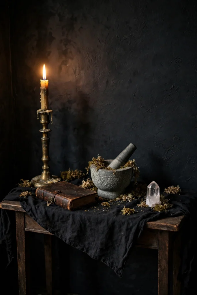console table styled as a witch's altar with candle, mortar and pestle, and crystal