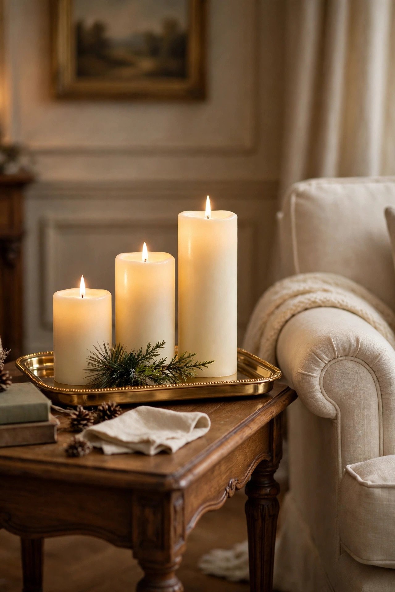 Three LED pillar candles on a gold tray beside an armchair