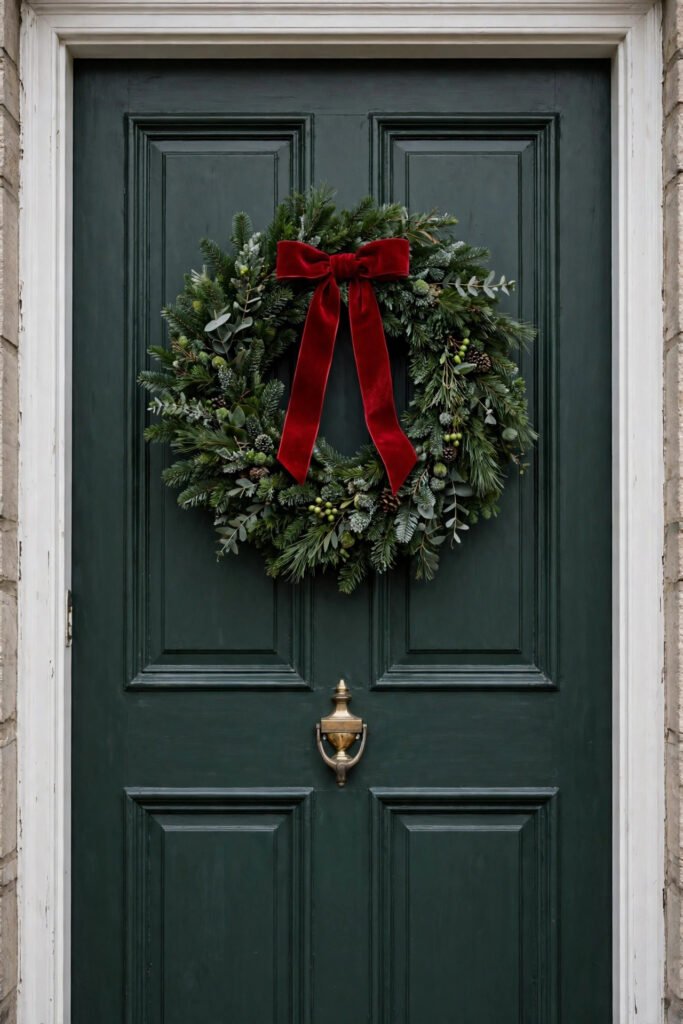 Christmas wreath hung at eye level on a front door