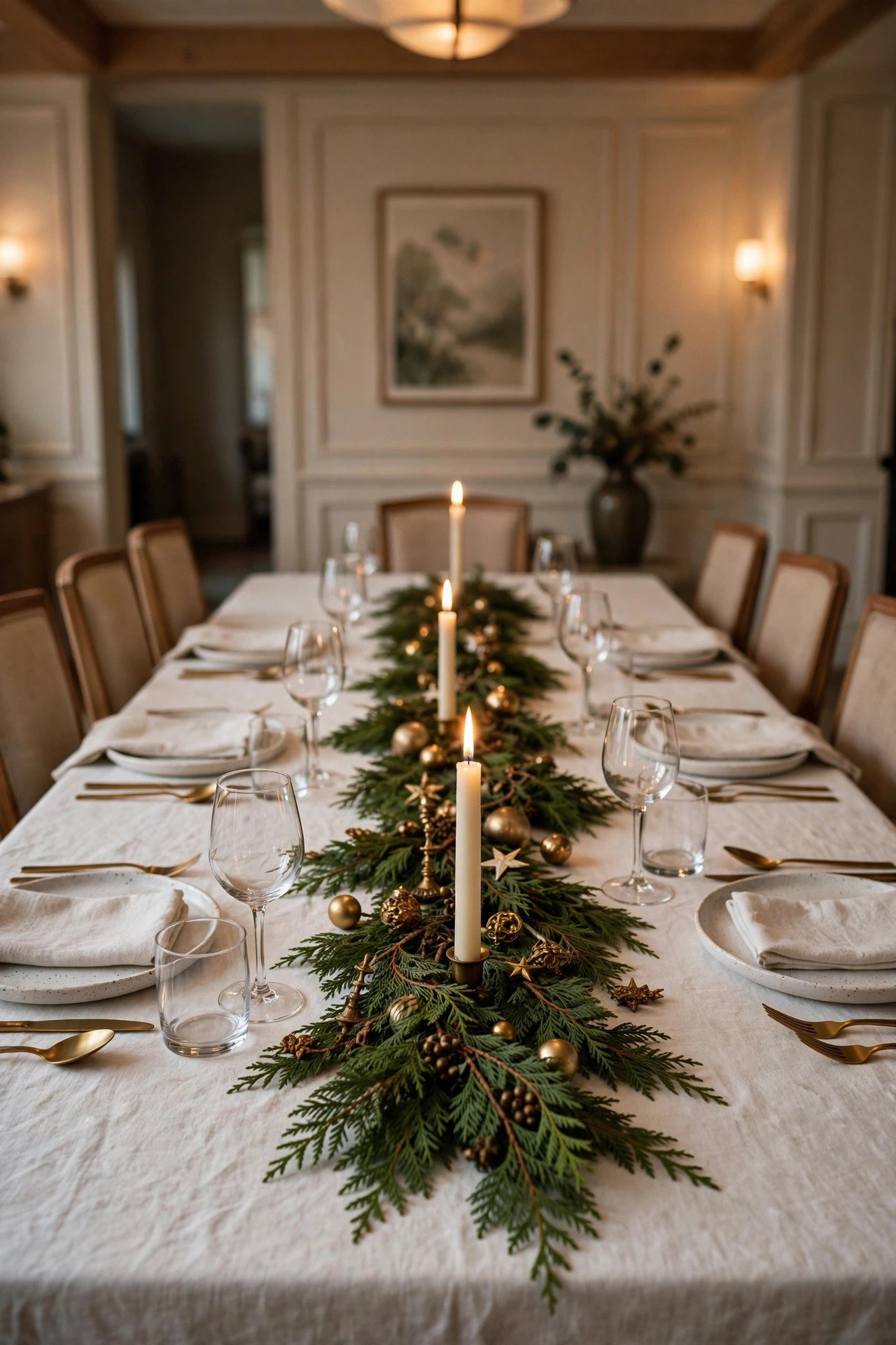 Low 10-inch Christmas centerpiece on a set dining table