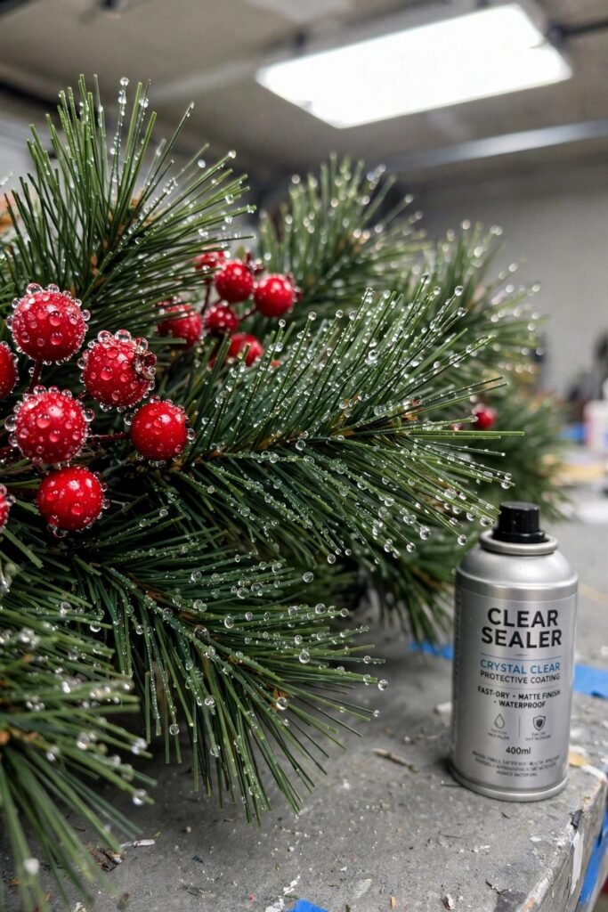 Clear sealer coating faux pine garland needles and red berries