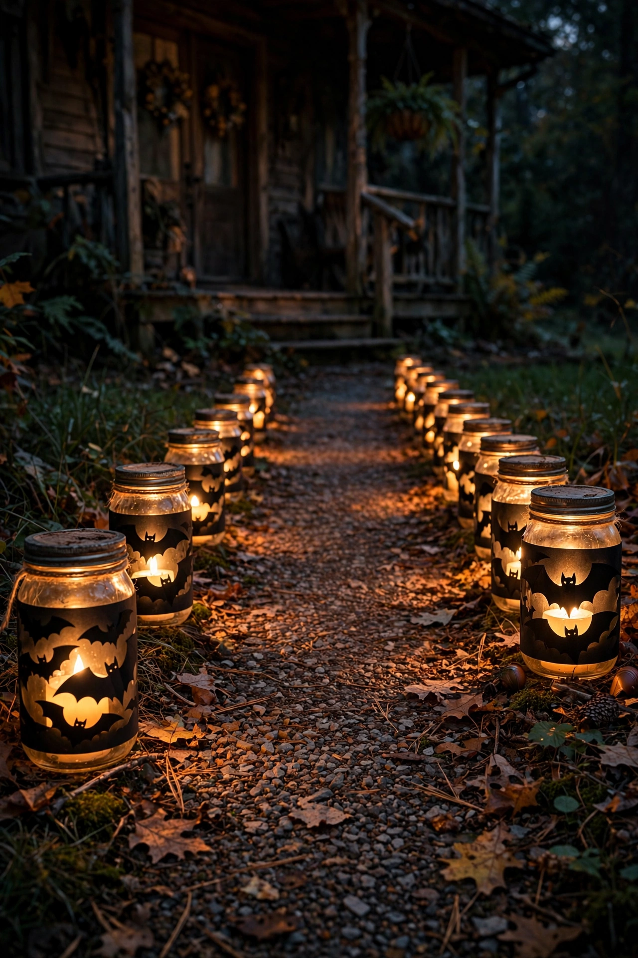 Mason jar lanterns with bat cutouts and LED candles lining a gravel path at dusk