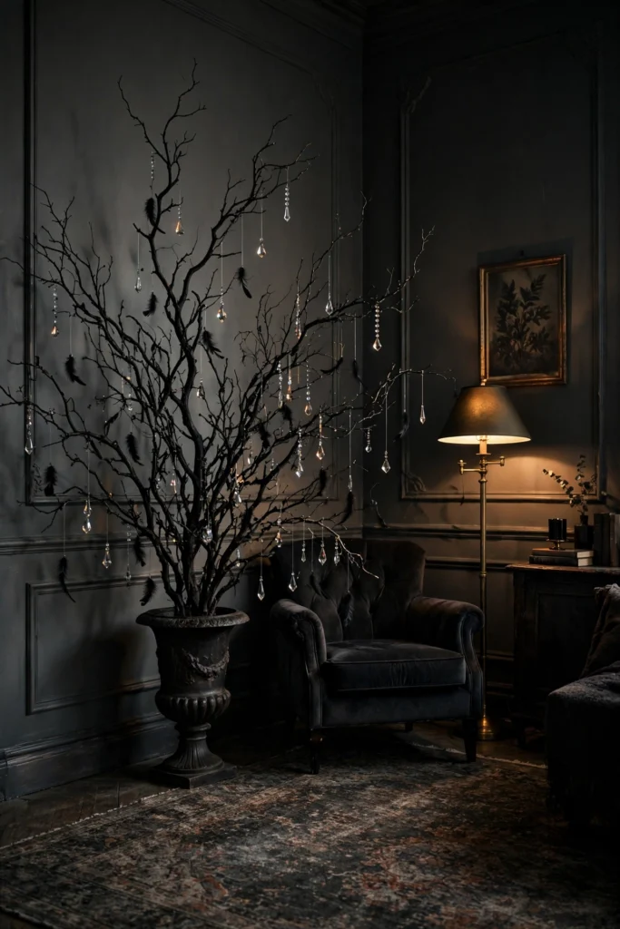 Oversized black branch arrangement in a floor urn in a dark living room corner