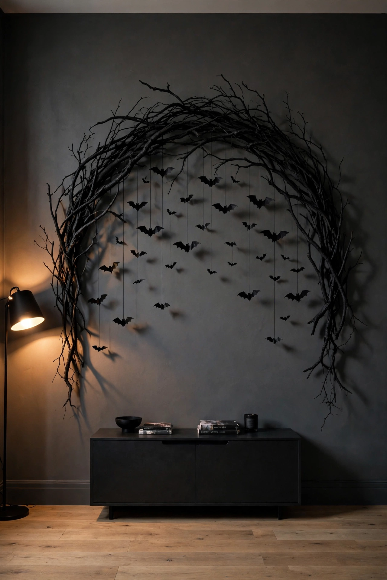 Oversized black branch arch with hanging bats as the focal point of a living room wall