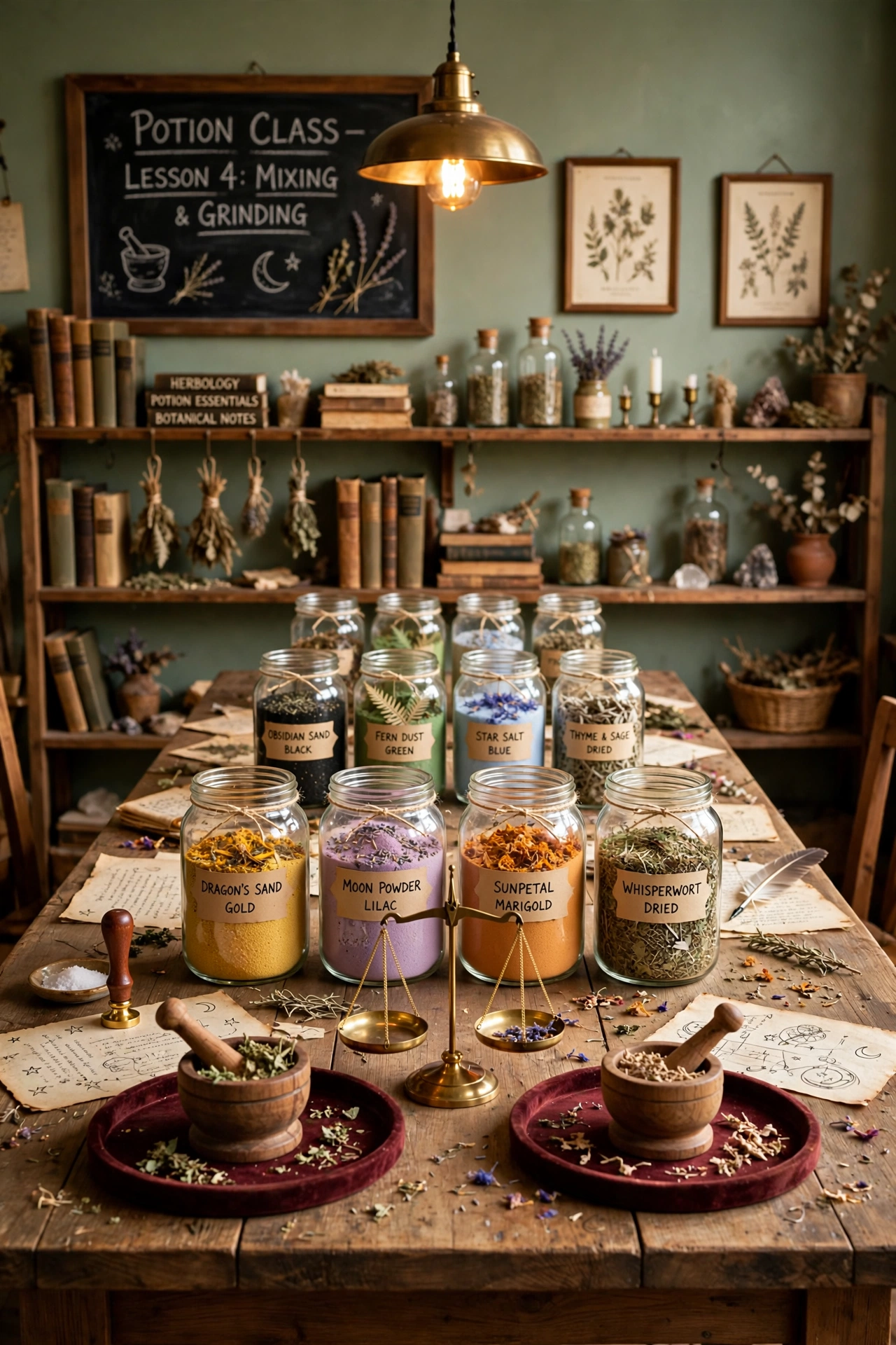 Potions class table with labeled jars, brass scales, and mortars