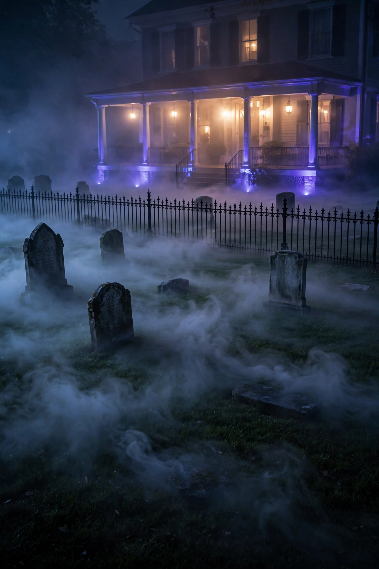 Low-lying fog covering a graveyard on a front lawn