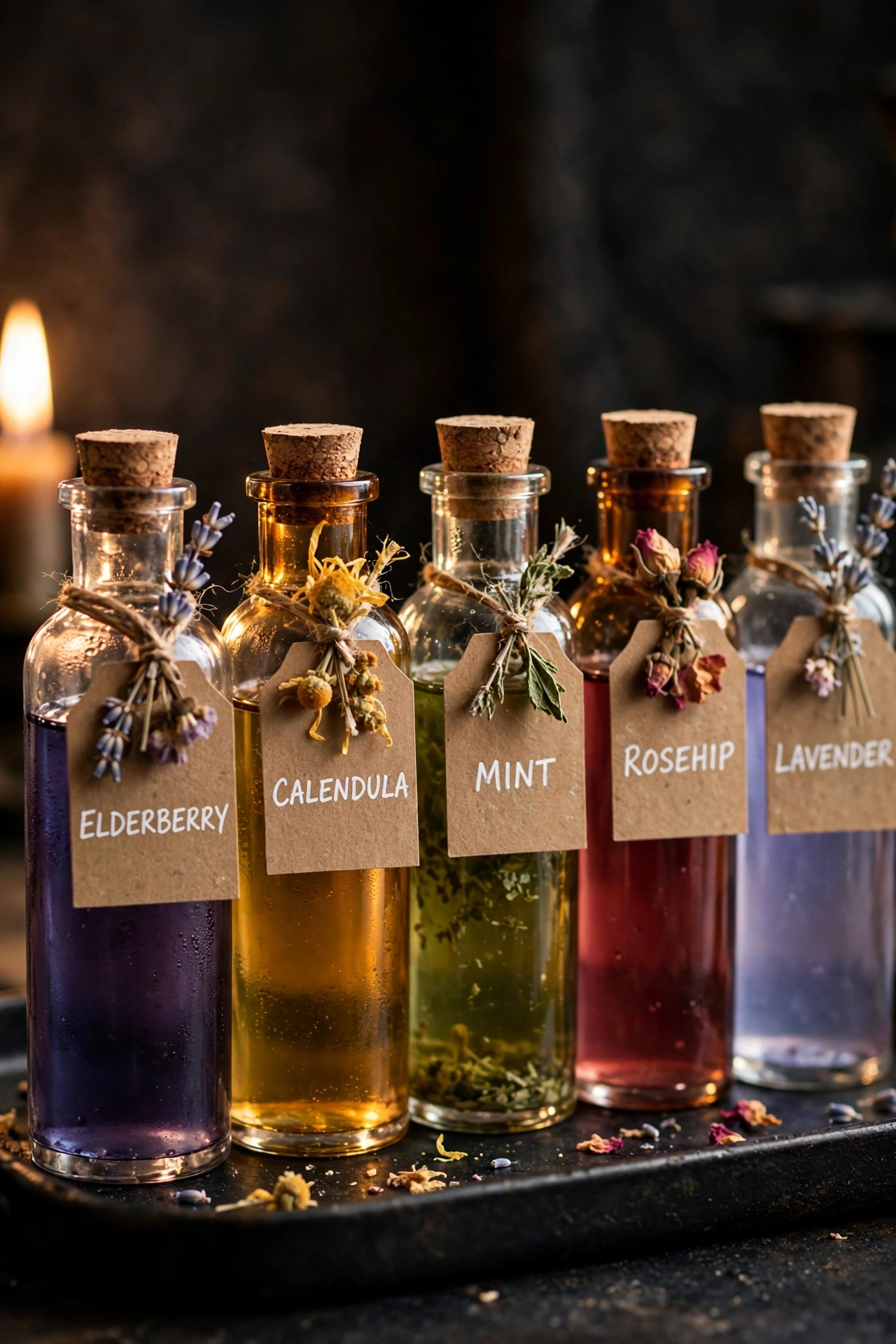 labeled apothecary bottles with potion-name tags on a witch party drink station