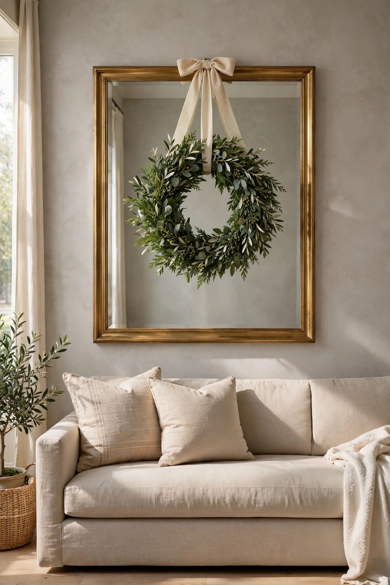 Green wreath hung on a mirror above a beige sofa with a velvet ribbon