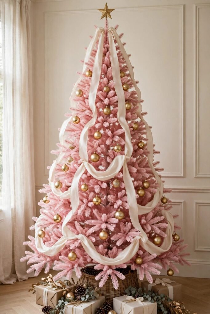Ivory ribbon cascading vertically down a pink Christmas tree