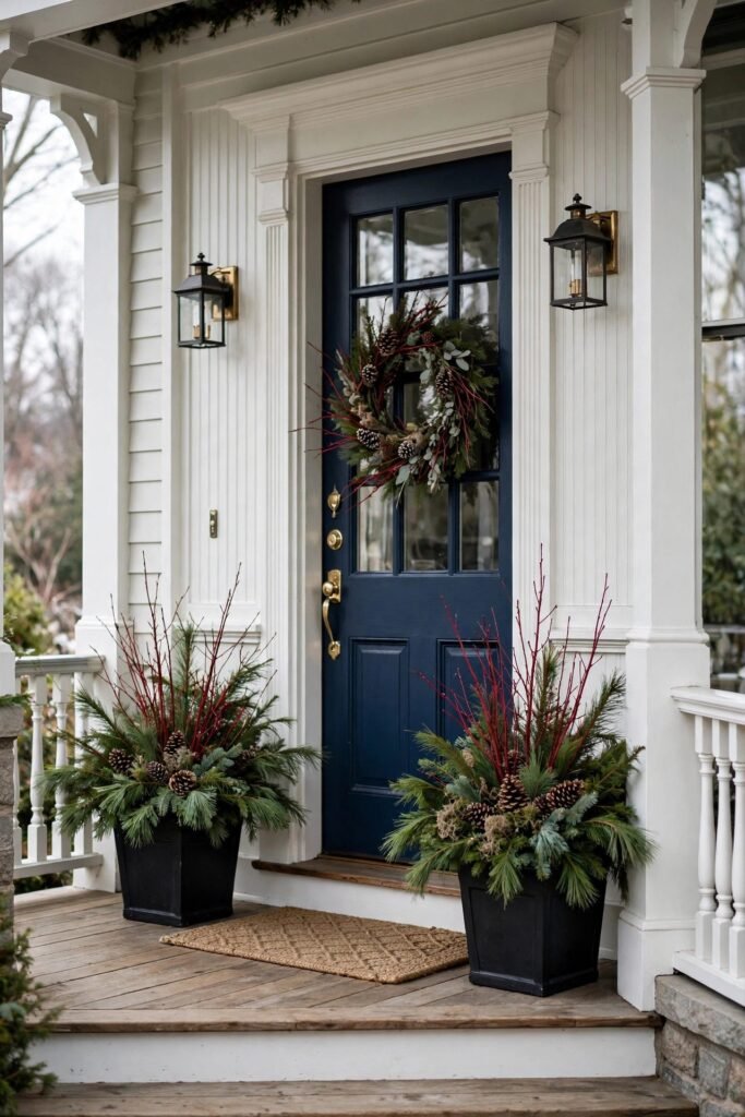 Matching Christmas planters on either side of a front door