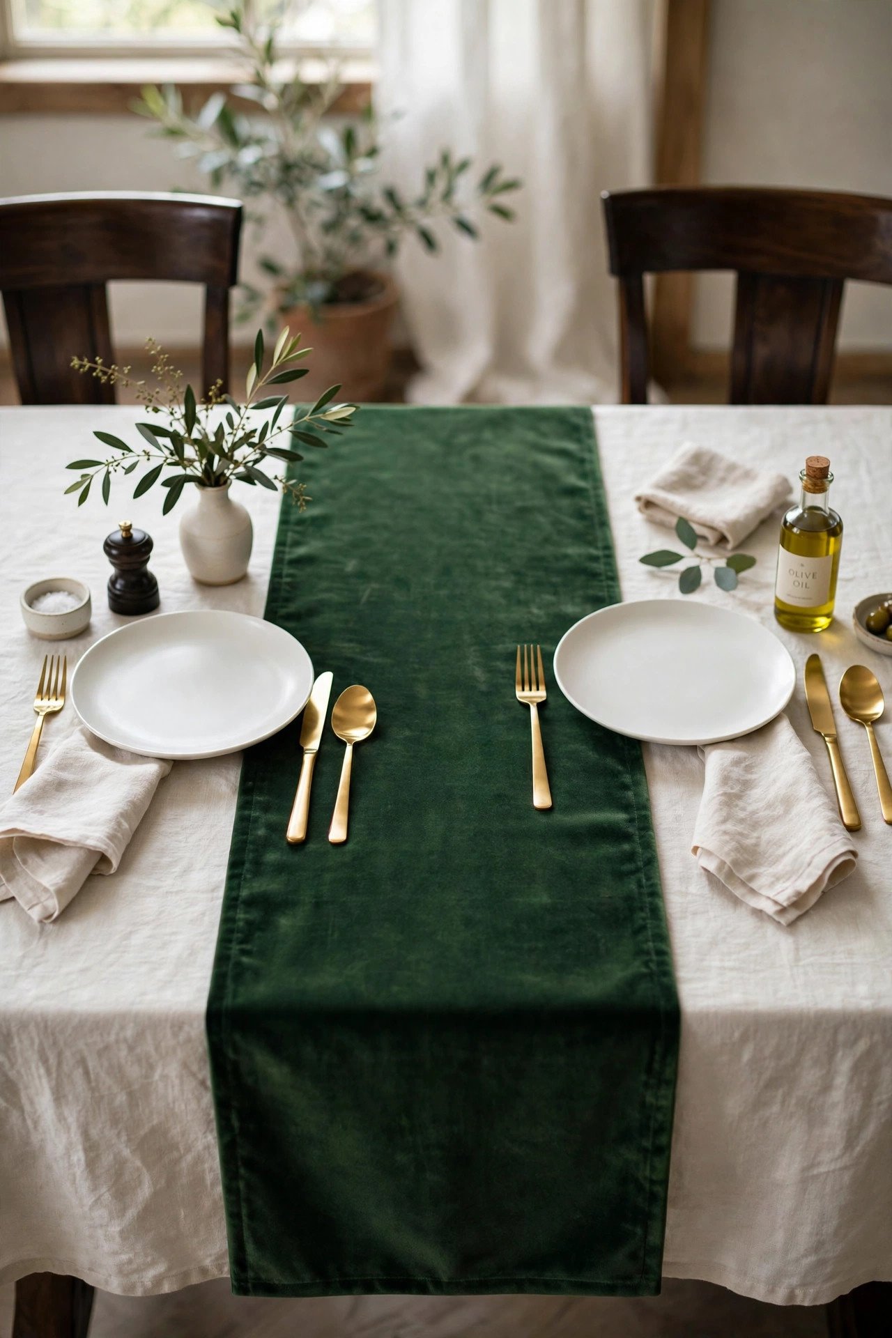 Green velvet runner layered over a white tablecloth