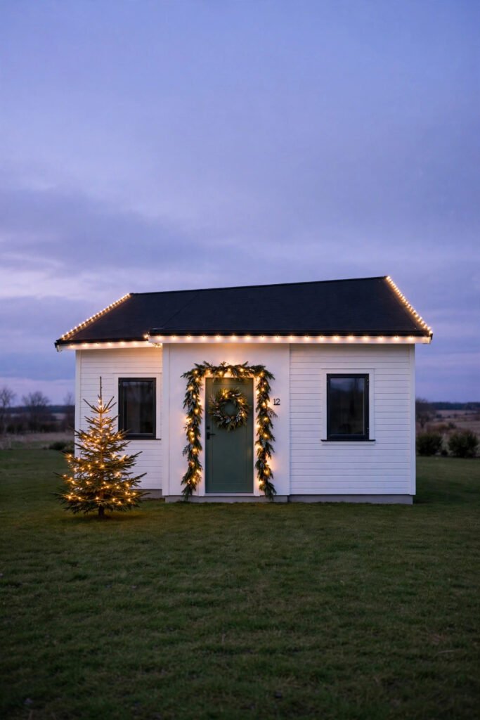 House with three lit focal points: roofline, front door and one yard tree