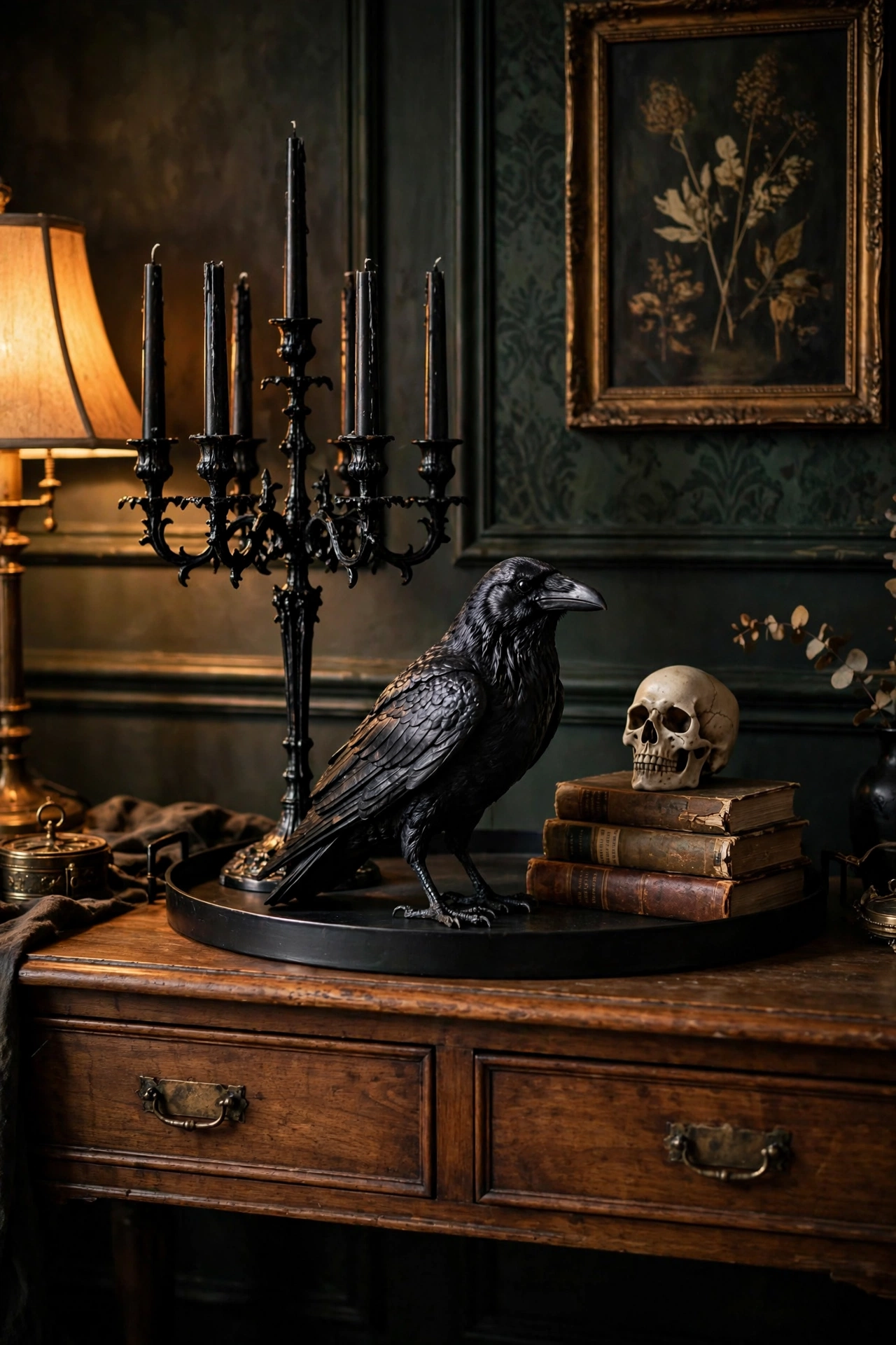 Console table vignette with three Halloween props grouped on a round tray