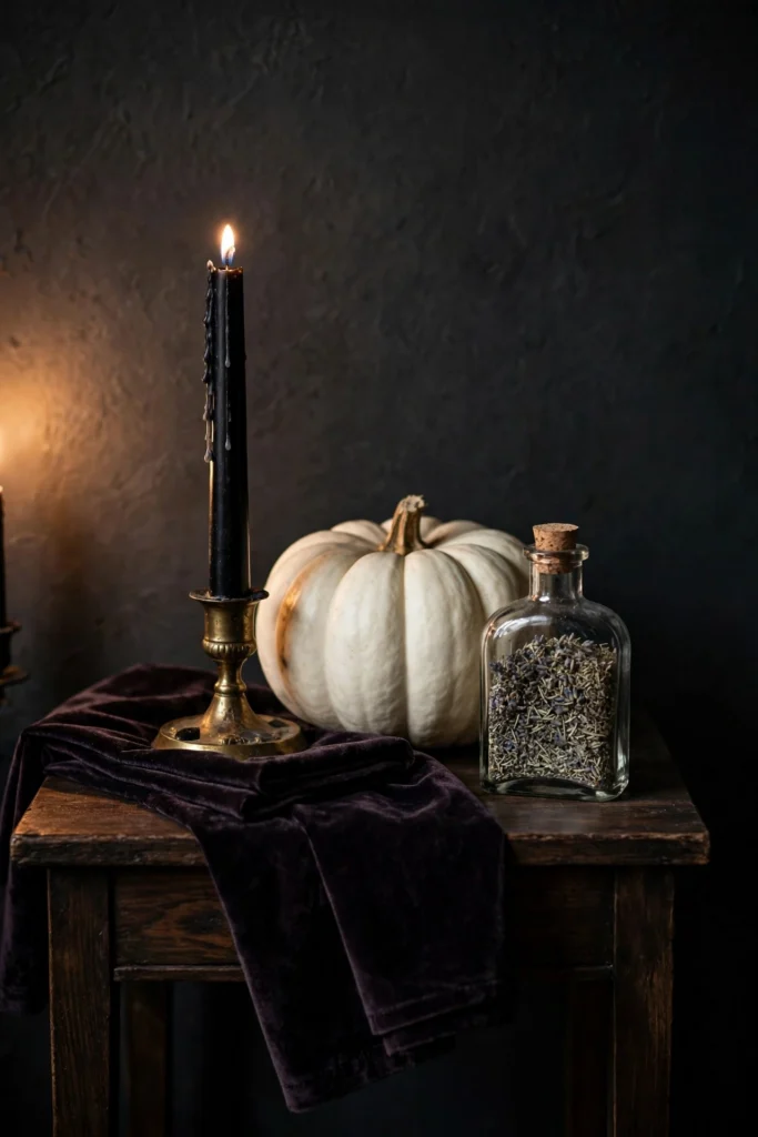 Group of three Halloween objects at different heights on a dark side table