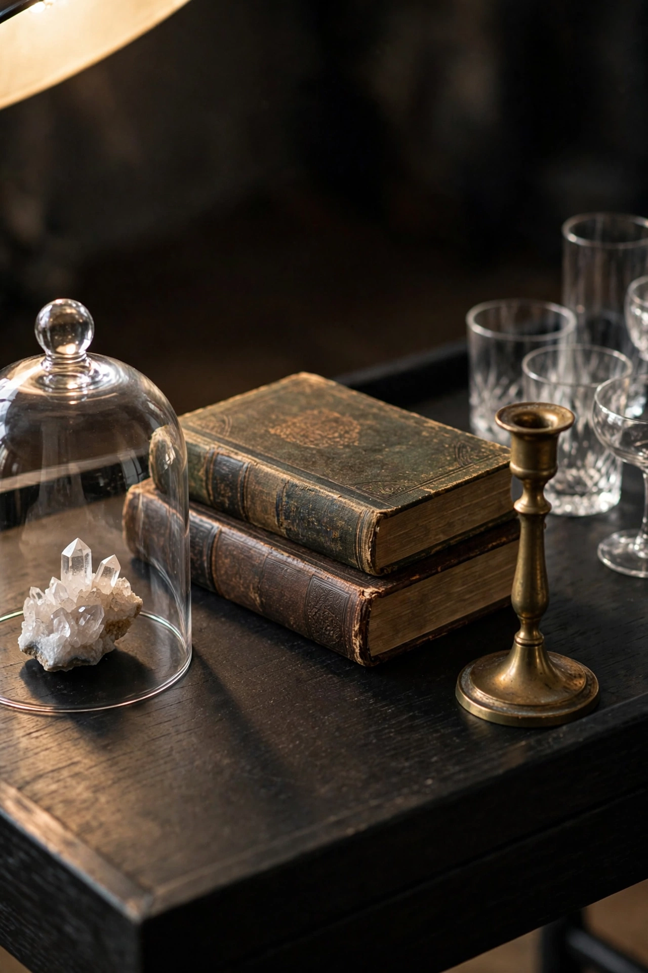 bar cart with exactly three styled props for a witch party drink station