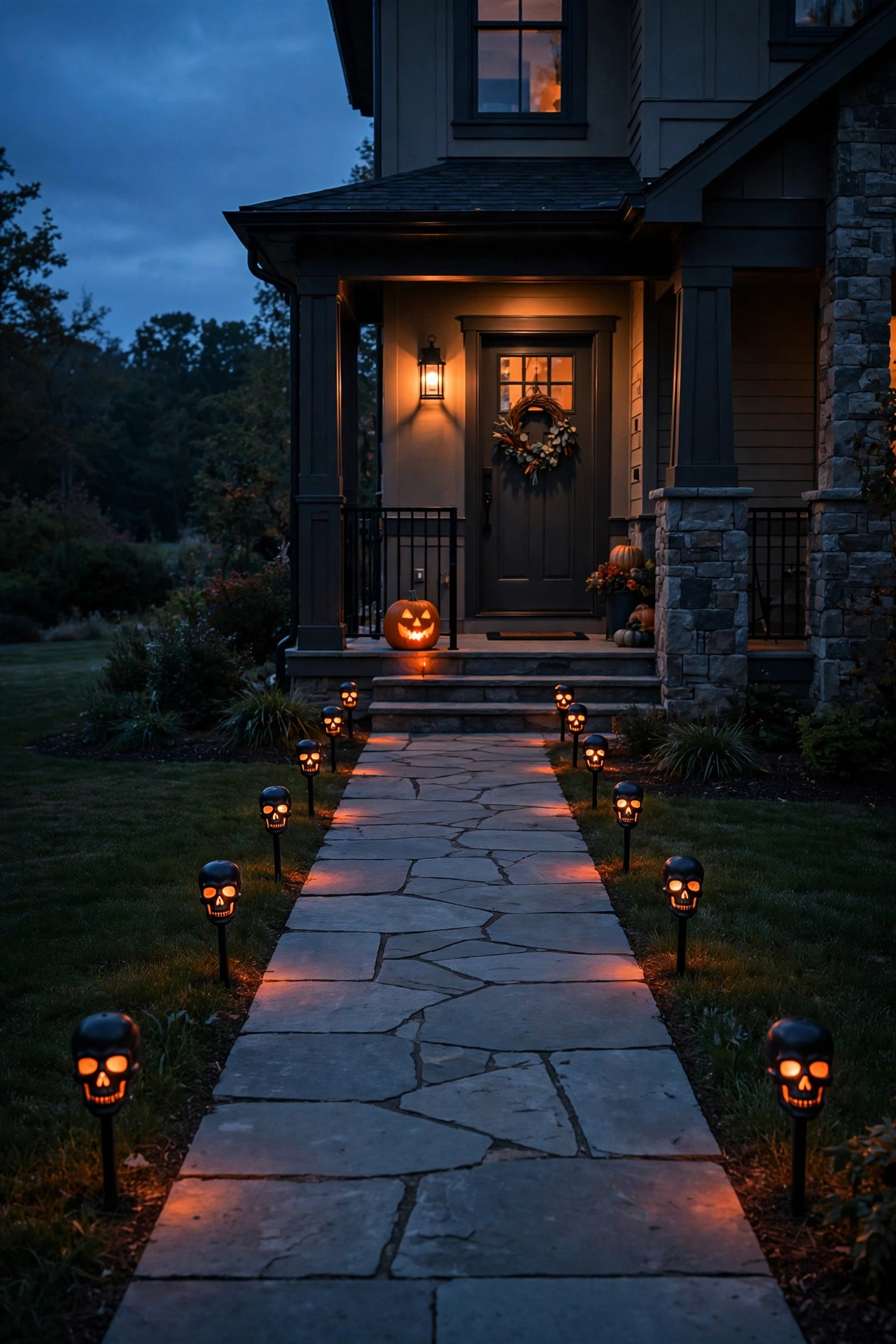 Skull-shaped path markers lining a walkway to a front door