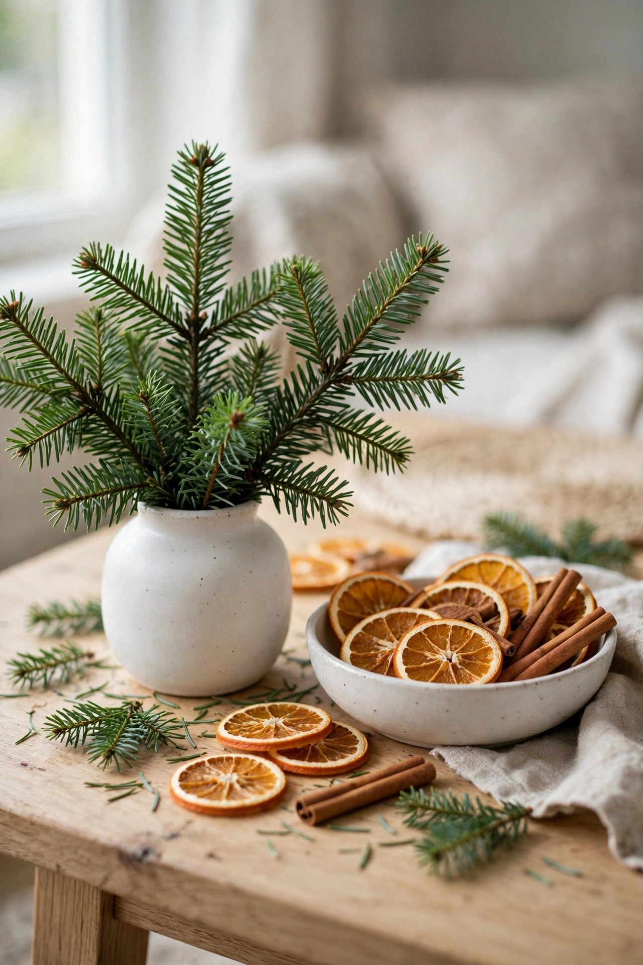 Fraser fir sprigs, orange slices, and cinnamon sticks on a living room coffee table