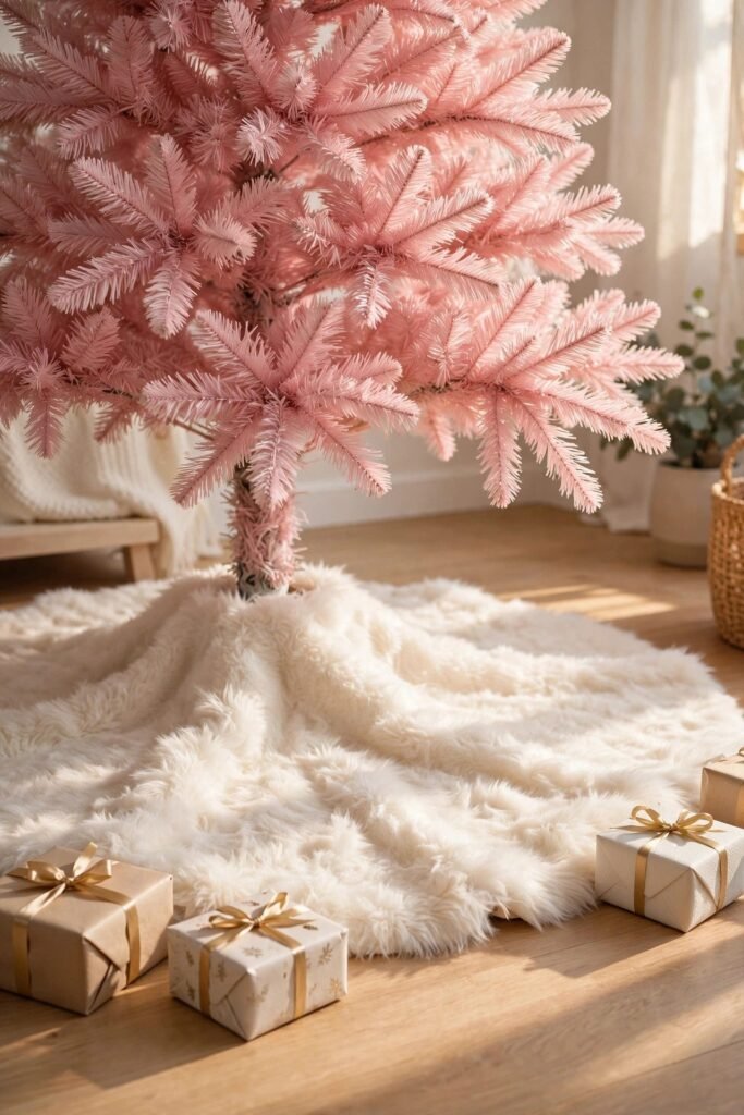 Ivory faux-fur tree skirt at the base of a pink Christmas tree