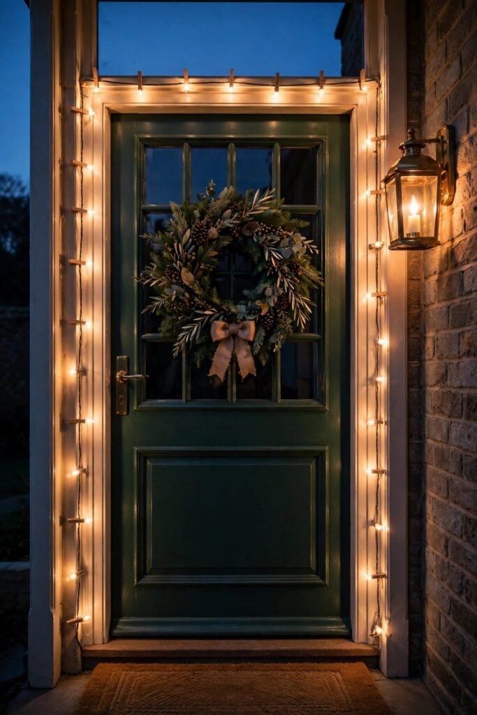 Front door framed with warm white Christmas lights at dusk
