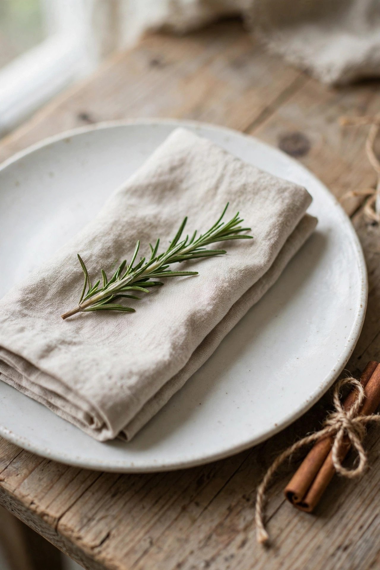 Rosemary sprig and cinnamon stick on a folded napkin at a place setting