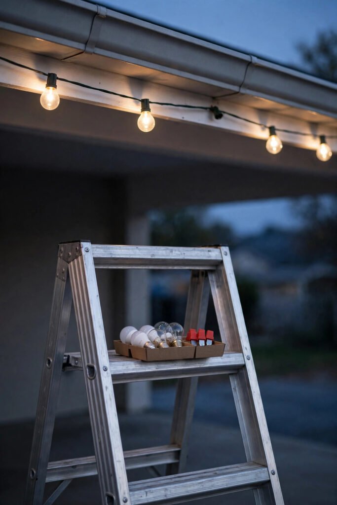 Replacement bulbs and fuses on a ladder step beside a roofline light strand