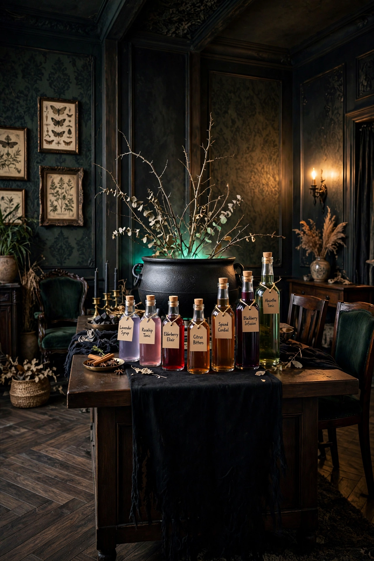 large black cauldron anchoring a potion bar buffet at a witch party