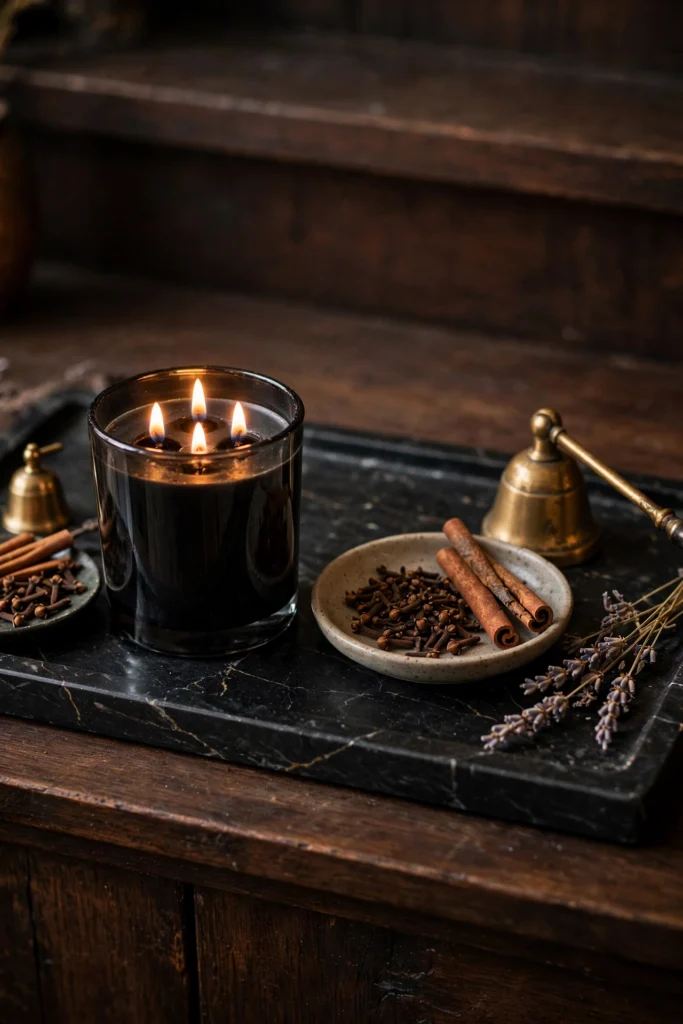 Black three-wick candle with cloves and cinnamon on a marble tray