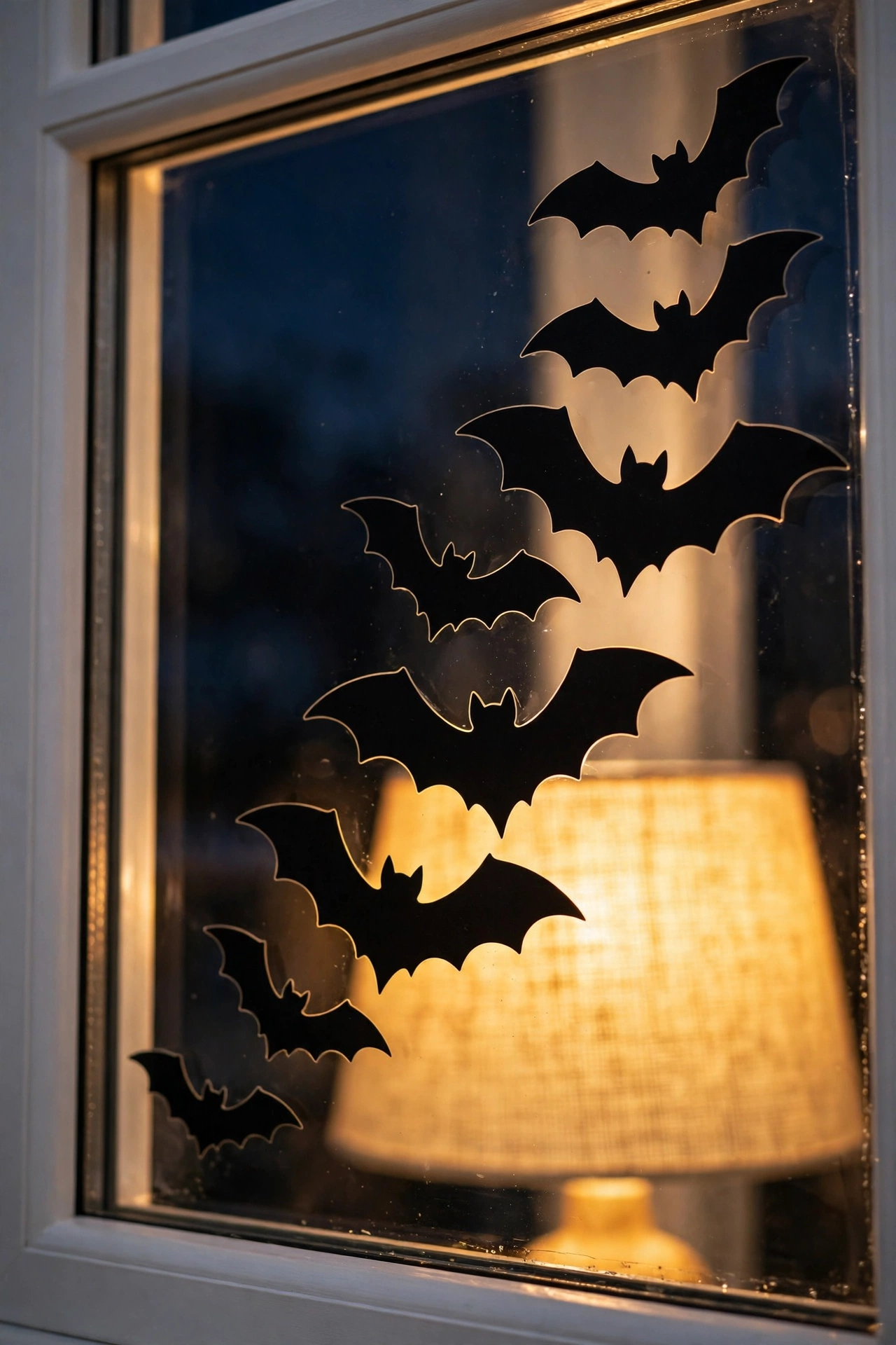 Black bat silhouettes on a backlit window pane