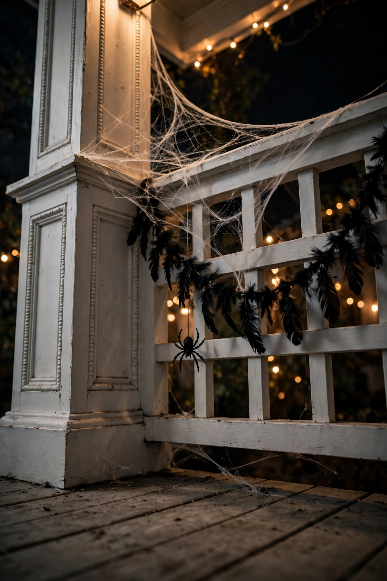 Cobwebs and black garland draped in a porch corner