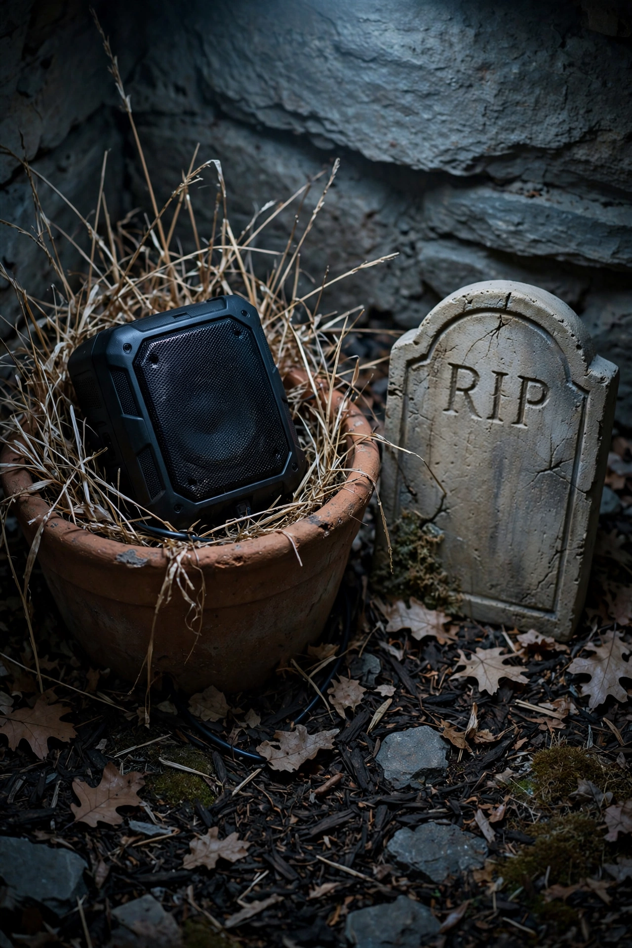Weatherproof speaker hidden inside a terracotta planter beside a foam tombstone
