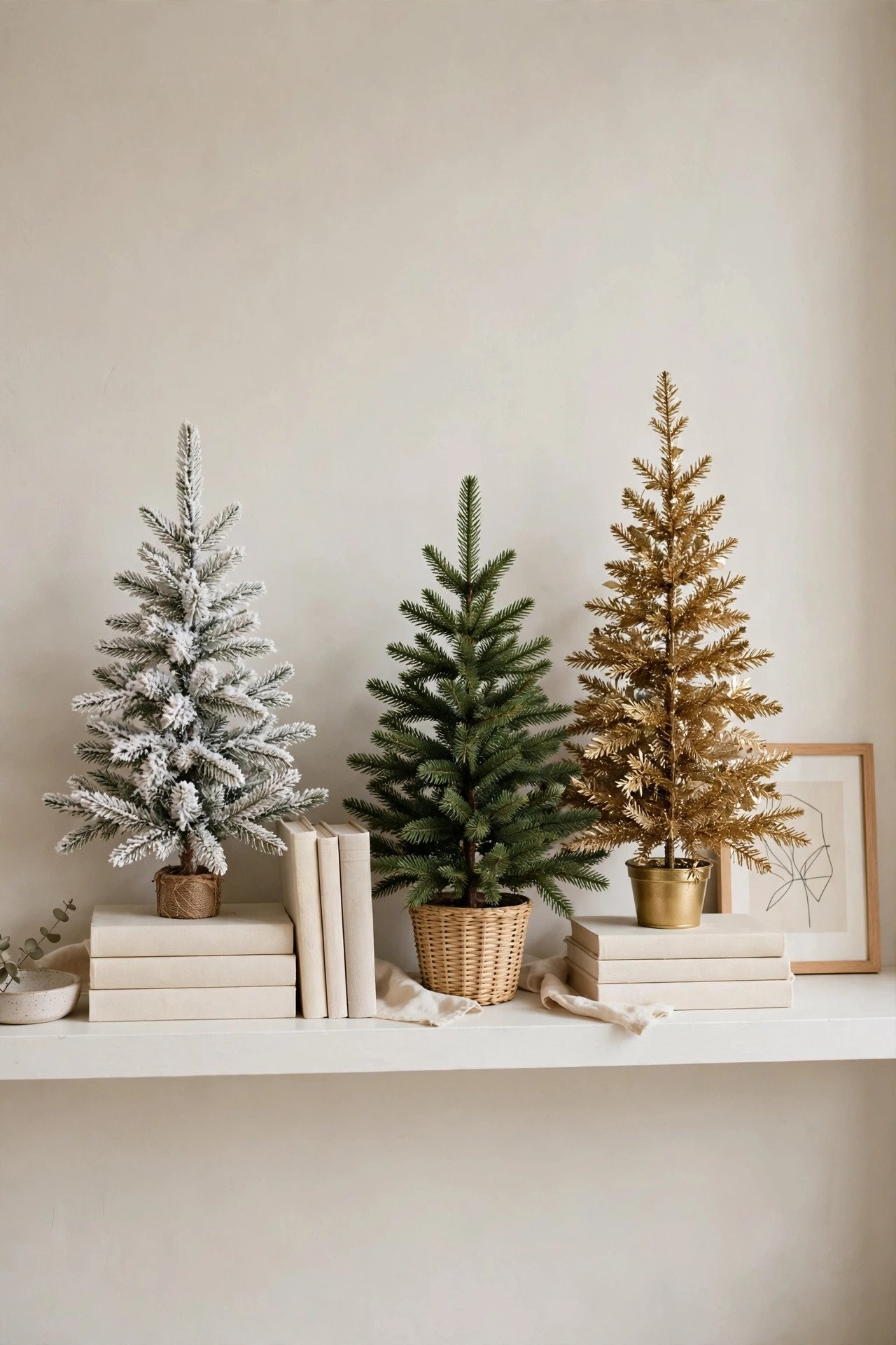 Three mini Christmas trees in different heights on a white bookshelf