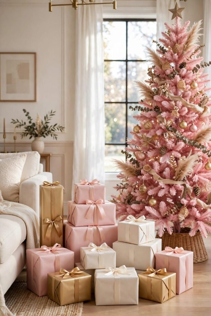 Gifts wrapped in blush, ivory, and gold under a pink Christmas tree