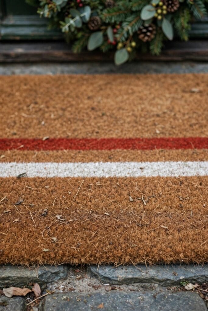 Seasonal coir doormat at a decorated Christmas entryway