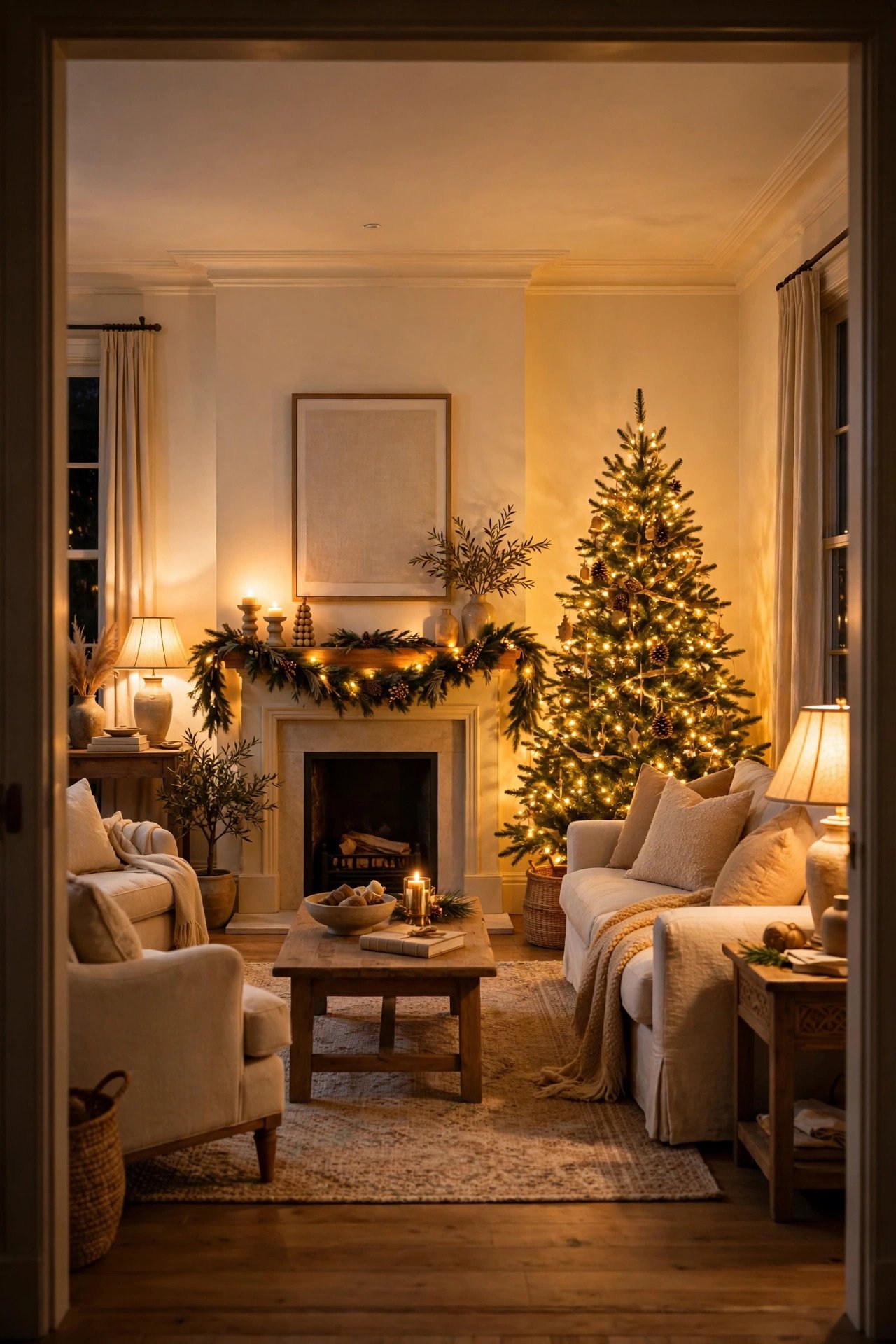 Living room with all Christmas lights in matching warm white tone