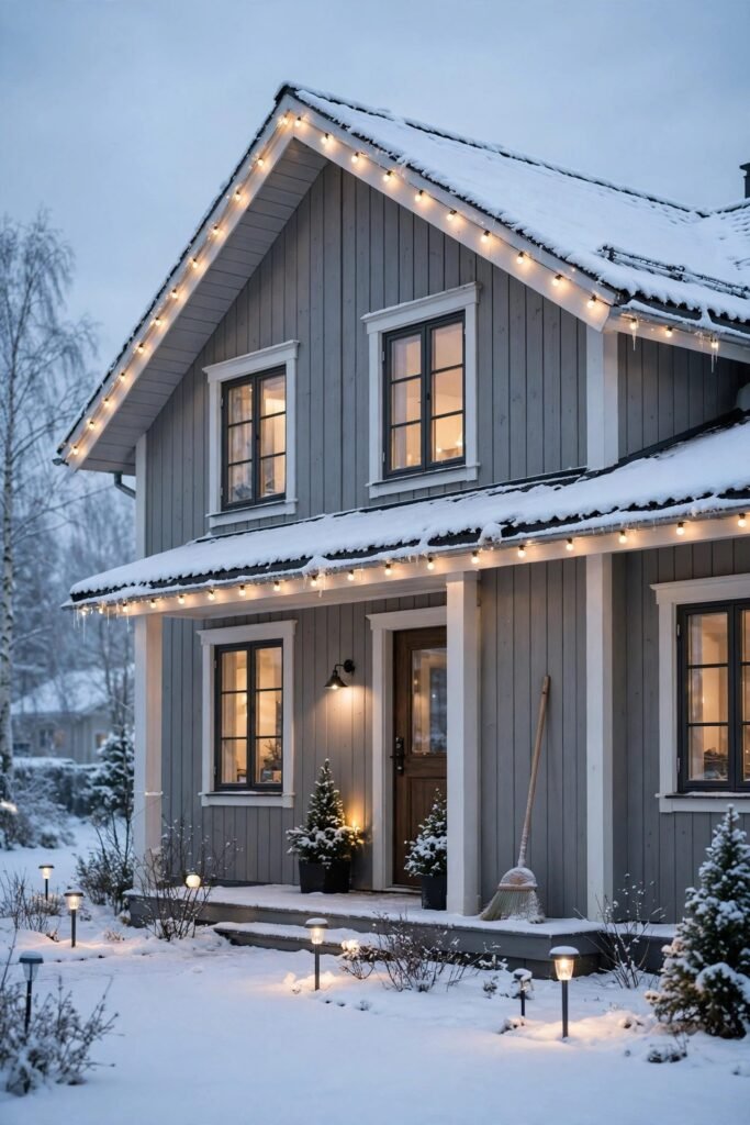 Snow-covered house with clear, lit roofline lights and a soft broom on the porch