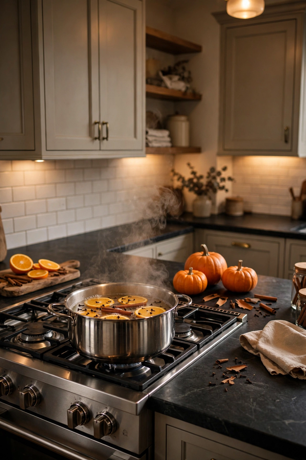 Simmer pot with cinnamon sticks, cloves, and orange slices on a kitchen stove