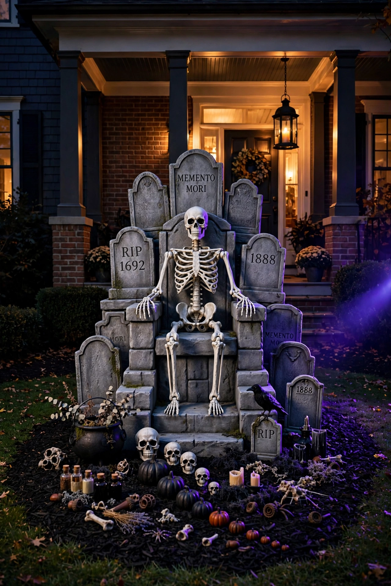 Seven-foot skeleton on a foam tombstone throne anchoring a front lawn Halloween display