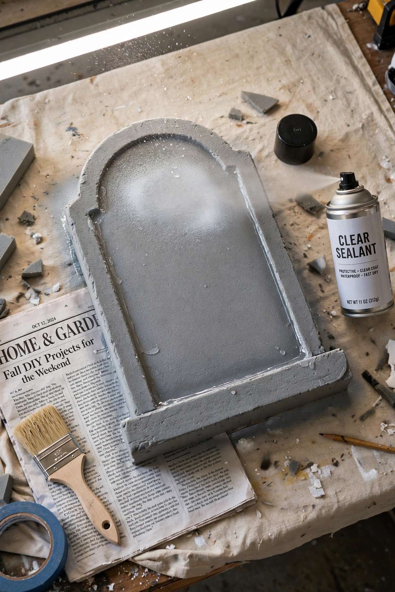 Foam tombstone being sealed with clear waterproof spray