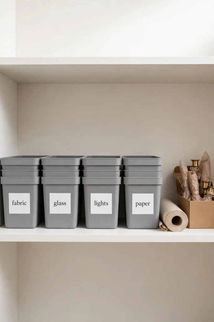 Labeled storage bins for fabric, glass, lights, and paper Halloween decor on a closet shelf