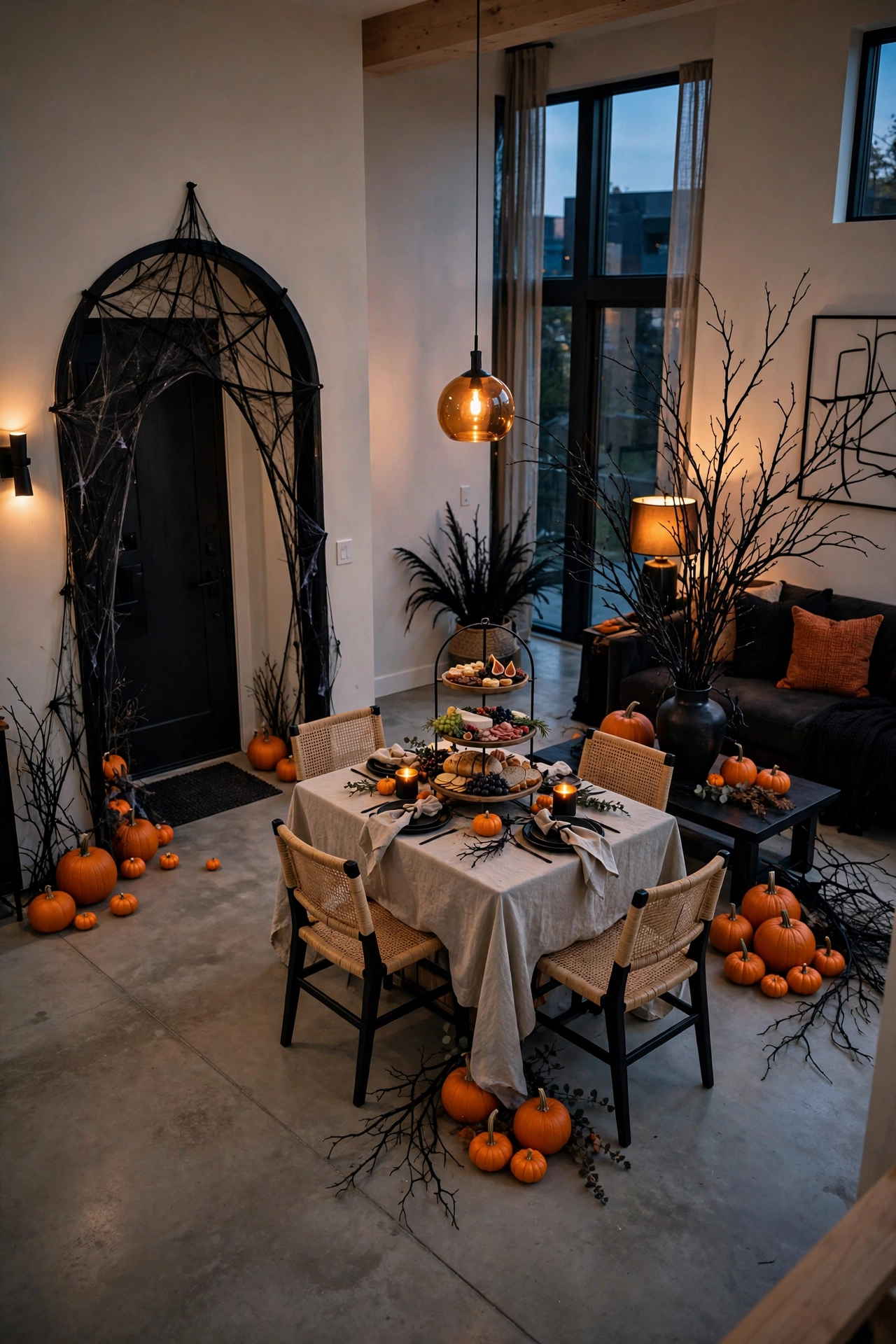 Open-plan home divided into entry, food, and gathering Halloween decor zones