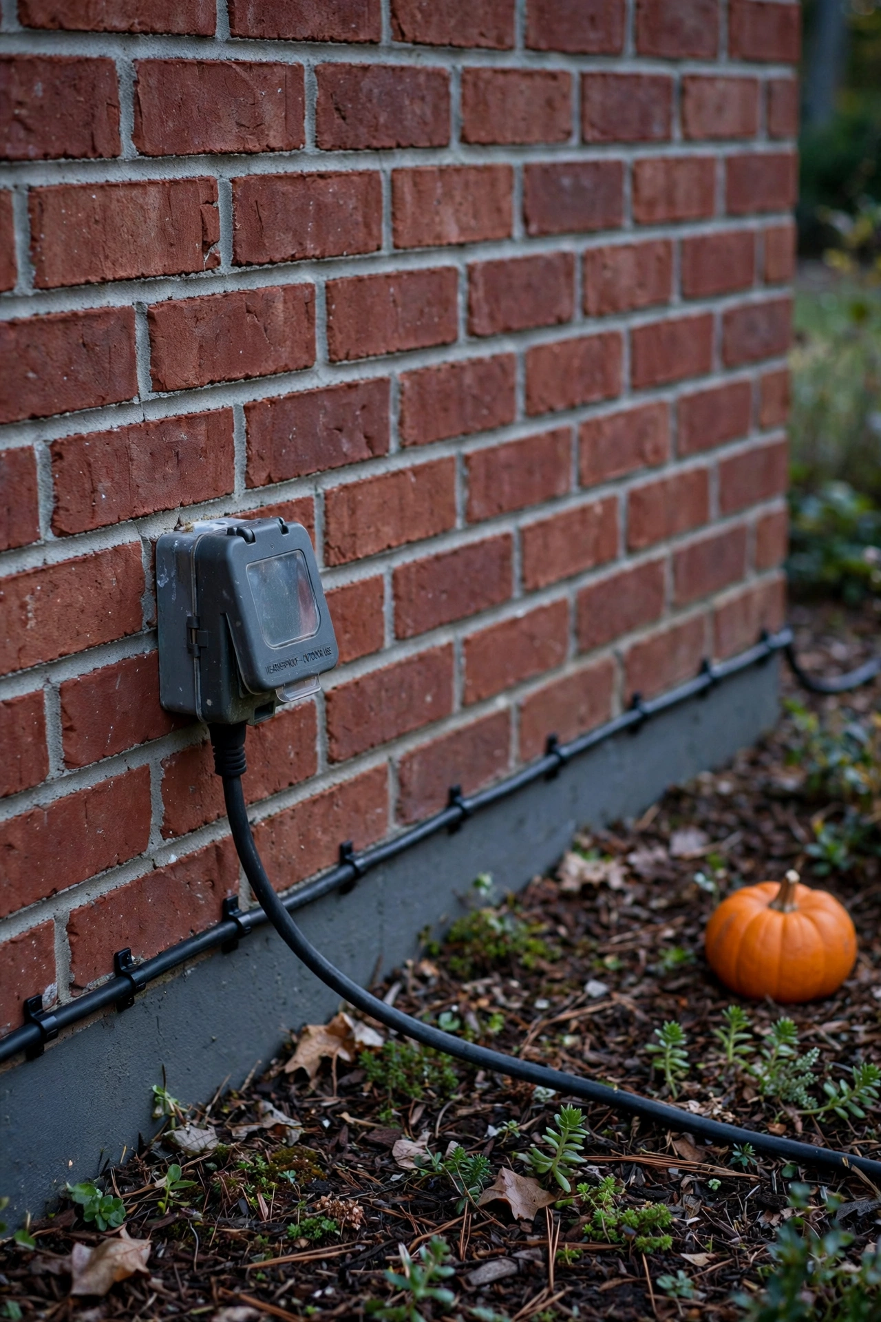Outdoor outlet and cord routed along a foundation for Halloween lighting