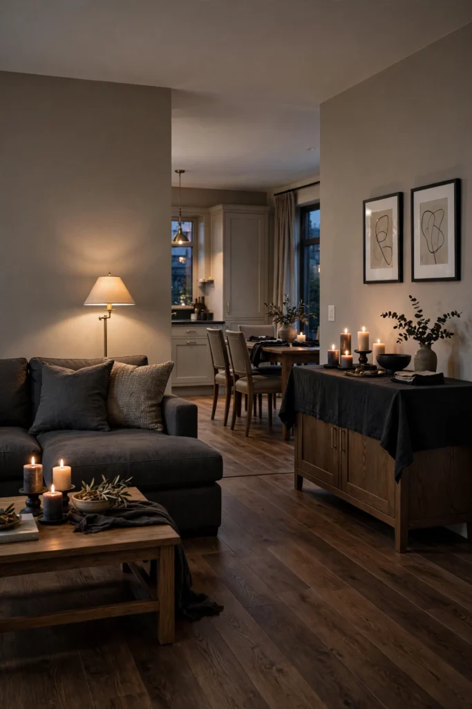 Open-plan room with a clear walkway between sofa and Halloween buffet table