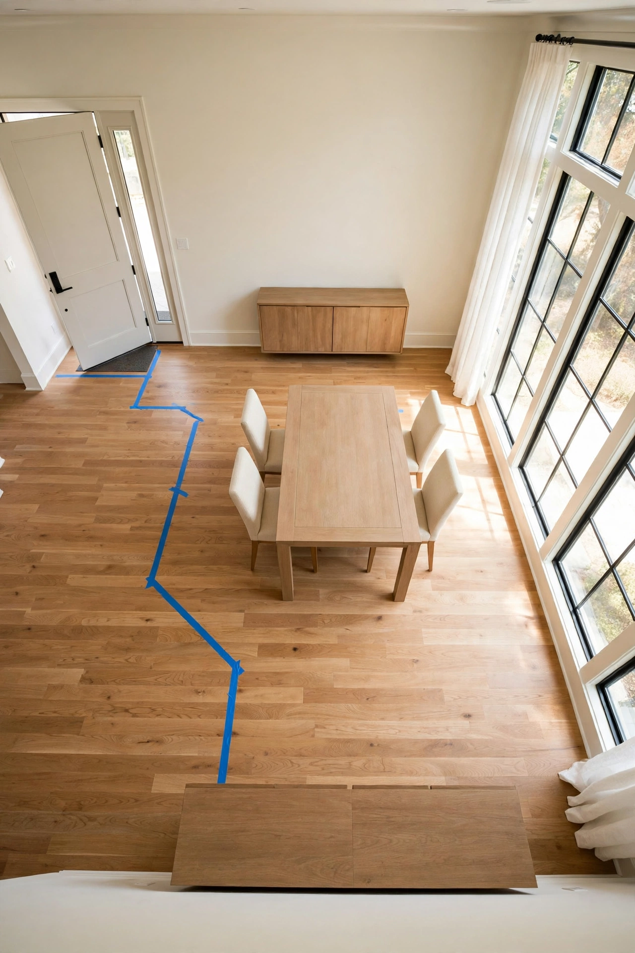 living room floor with painter's tape marking a guest walking path before witch party setup