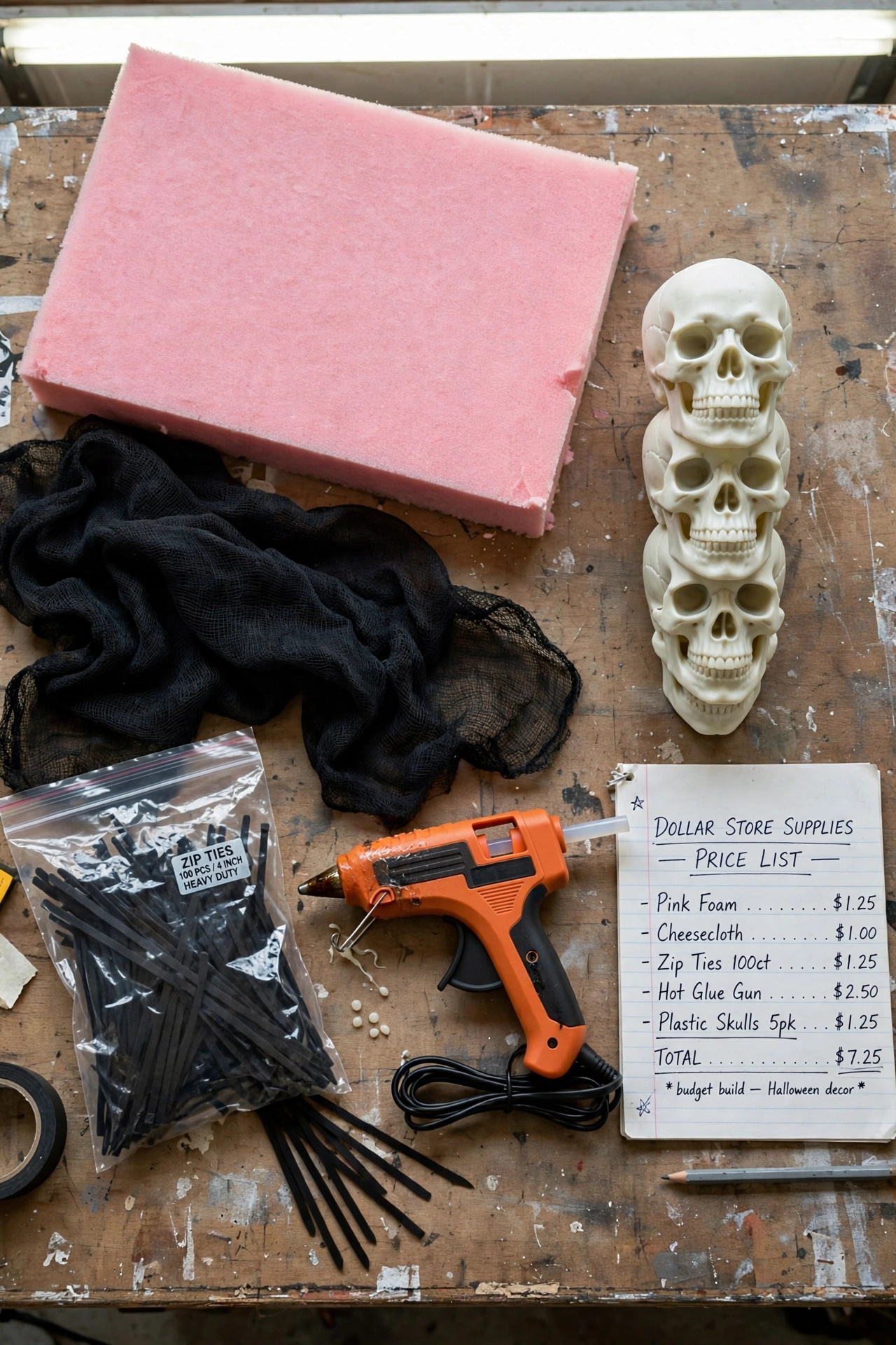 Flat lay of budget Halloween supplies including foam board, cheesecloth, and a price list on a workbench