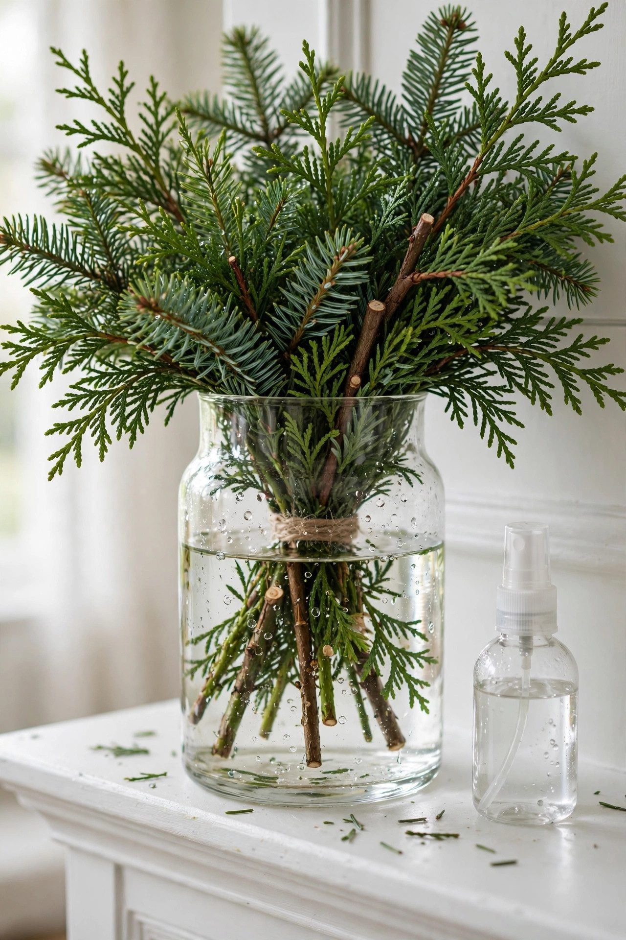 Fresh cedar and fir stems in a glass vase of water on a mantel